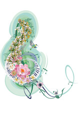 Abstract nature treble clef decorated with summer and spring flowers, notes, birds. Light and relax music. Hand drawn vector illustration. © Anna Laifalight