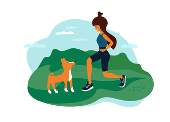 Outdoor activities vector illustration. Young woman walking in park, doing fit squats, sport exercise, playing with dog. Female healthy lifestyle, fitness workout, active leisure on nature landscape