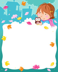 Hello Autumn - Lovely little girl, colorful autumn leaves and cute owl - Kids and seasons - Nursery print
