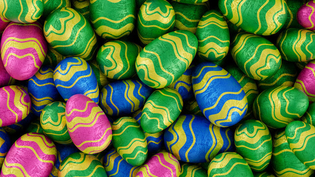 Multicolored, foil wrapped Easter Egg background. Beautiful Easter Wallpaper with, patterned Pink, Blue and Green Eggs. 3D Render 