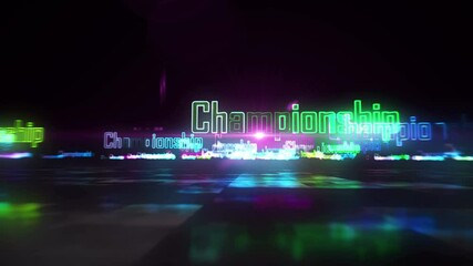 Championship concept, cyber sport play, esport gaming tournament and online video game intro loop. Flight between signs. Futuristic space abstract 3d rendering loopable seamless animation.