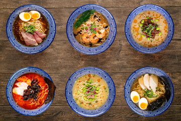 Top view on assorted variety of different ramen noodle soups