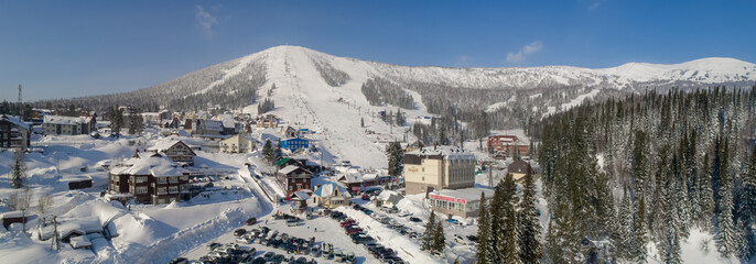 panorama of Sheregesh ski resort, Russia, Siberia, 2021 March 4