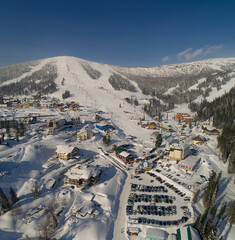 panorama of Sheregesh ski resort, Russia, Siberia, 2021 March 4