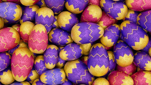 Multicolored, foil wrapped Easter Egg background. Beautiful Easter Wallpaper with, patterned Yellow, Pink and Purple Eggs. 3D Render 