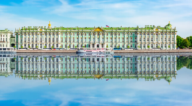 Winter Palace (State Hermitage museum) reflected in Neva river, Saint Petersburg, Russia