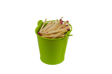 Full bucket of wooden matches on a white background.