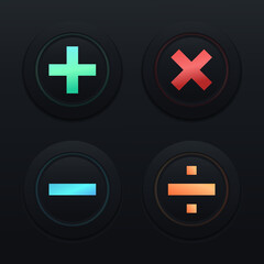 Calculator sign button. Plus, minus, multiplication, and division sign. Mathematical concept. Isolated on darl background. Illustration vector