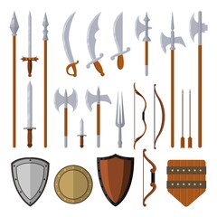 Medieval weapons set design elements isolated on white background vector flat illustration