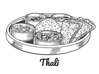 Traditional indian food. Thali. Hand drawn line art. Vector illustration. Isolated on white. Doodle. Black and white sketch.