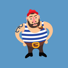 Cartoon illustration of a bearded sailor in a red hat smoking a pipe having an anchor tatoo