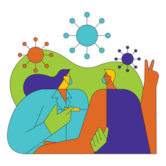 Medical doctor in protective suit and mask, process of immunization against covid-19. Vector illustration.