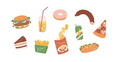 Set of unhealthy junk food. Fastfood icons of burger, hot-dog, pizza, sausage, chips, french fries, donut, cake and soda. Colored flat vector illustration of fat eating isolated on white background