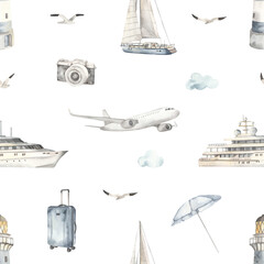 Watercolor seamless pattern sea cruise with yacht, lighthouse, airplane, suitcase, camera, beach umbrella on white background