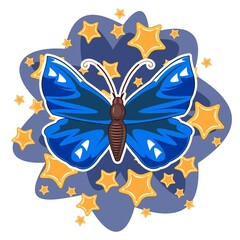 Blue butterfly on an abstract background with stars. Bright beautiful composition. Isolated object on white. Vector.