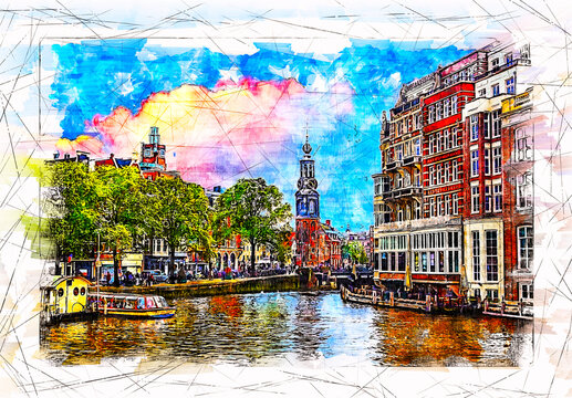 View of the embankment of the river Amstel and the Munttoren tower. Amsterdam. Netherlands. Sketch illustration.