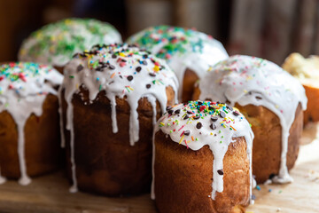 Many Traditional eastern europe Russian and ukrainian Easter cake kulich decorated with sweet sugar icing on wooden table morning sunlight ray. Tasty handmade christian orthodox holiday paska bread