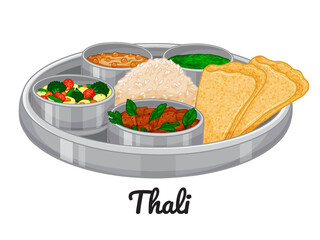 Traditional indian food. Thali. Color. Vector illustration. Isolated on white. Doodle. Cartoon style.