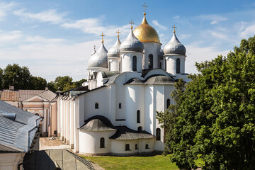 St. Sophia Cathedral on the territory of the Kremlin in Veliky Novgorod is one of the oldest churches in Russia. Top view. Russia