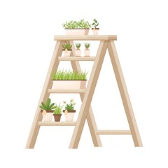Wood shelving, ladder with potted plants, flowers in cartoon style isolated on white background. Florist, floral shop advertising, decoration. Gardening, seeding element.