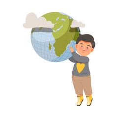 Little Boy Holding Green Globe or Earth Caring About Nature Vector Illustration