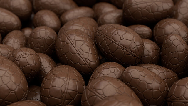 Chocolate Easter Egg background. Easter Wallpaper showing a collection of Chocolate Eggs. 3D Render 