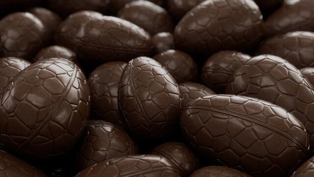 Chocolate Easter Egg background. Easter Wallpaper showing a collection of Chocolate Eggs. 3D Render 