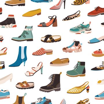 Seamless pattern with various types of modern trendy women footwear on white background. Endless repeatable texture with fashion and stylish shoes and boots for printing. Flat vector illustration