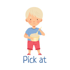 Little Blond Boy Picking At Saucepan with Porridge Showing Dislike Vector Illustration