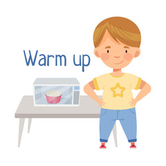Little Boy at Kitchen Warming Up Porridge in Microwave Oven Vector Illustration