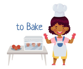Little African American Girl at Kitchen Table Baking Muffins Vector Illustration