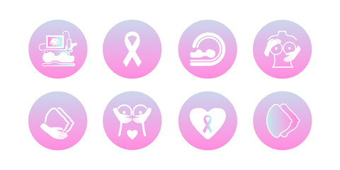 Set of vector medical round icons about the prevention, diagnosis of female breast. Trendy gradient 2021. Ultrasound, ribbon, mammography. Caring for women's health. For social media and web, isolated