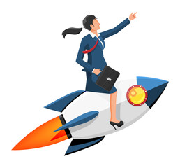 Successful businesswoman flying on rocket. Launch of space ship with business woman. New idea or start up. Development of startup, career ladder. Vector illustration in flat style