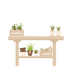 Wooden table with potted plants, flowers, florist shop, orangery decoration in cartoon style isolated on white background. Gardening, seeding element, advertising composition. Furniture for interior.