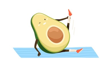 Cute and funny avocado doing sports exercises on yoga mat. Workout of happy fat fruit. Colored flat cartoon vector illustration of working out childish character isolated on white background