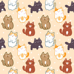Seamless Pattern with Cartoon Cat Character Illustration Design on Beige Color Background