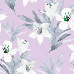 White lily flowers seamless pattern. Hand drawn style watercolour. Spring trendy colours. Floral background on purple.
