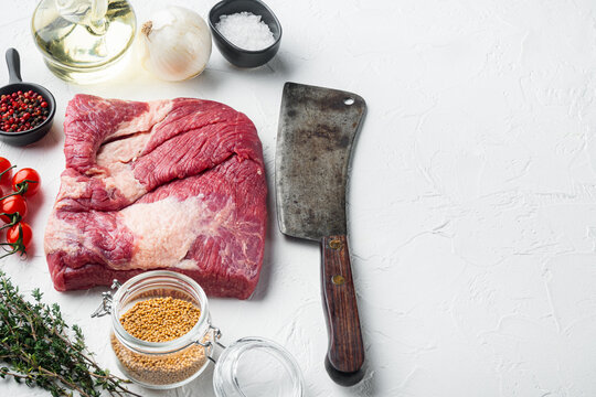 Point Brisket, Raw Beef Brisket Meat,with Ingredients For Smoking  Making  Barbecue, Pastrami, Cure, On White Stone  Background,  With Copy Space For Text