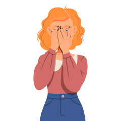 Young Woman Suffering from Negative Emotion Covering Her Face with Her Hands Vector Illustration