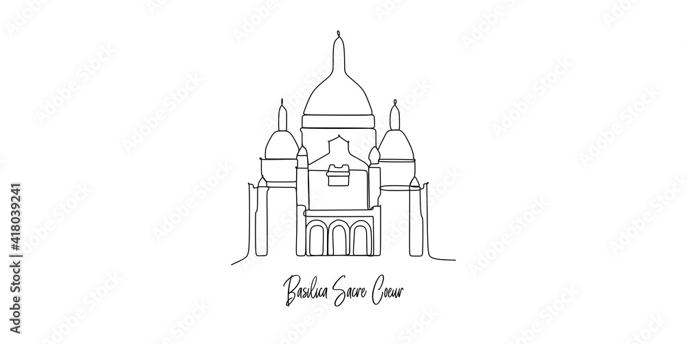 Wall mural Basilica Sacre Coer of France landmark skyline - continuous one line drawing - Wall murals