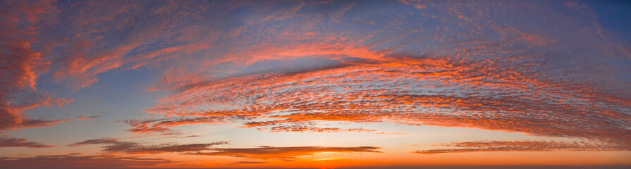 intense dramatic panoramic sunset with cirrus clouds illuminated by red sunbeams
