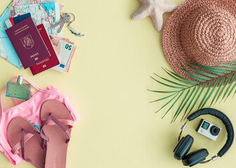 Travel flat lay with accessories for travelling