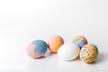 Happy easter, Easter painted eggs on white background for your decoration in holiday. Copy space.