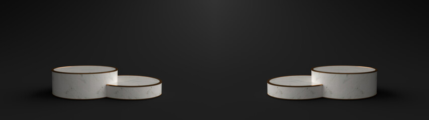 Round marble Pedestal, Podium for display product on the Black floor. Pedestal can be used for commercial advertising, Isolated on black background, Minimalist Black, illustration, 3D rendering.