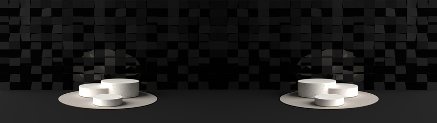 Round white marble Pedestal, Small black square wall scene with base reflections. Pedestal Can be used for commercial advertising, Isolated on black floor, Minimalist Black, illustration, 3D rendering