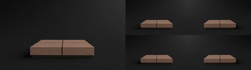 Square wooden Pedestals, Podiums for display product on the Black floor. Pedestal can be used for commercial advertising, Isolated on black background, Minimalist Black, illustration, 3D rendering.