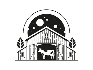 Illustration with a cow inside a barn