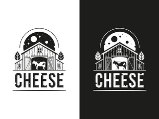 Set of logos with a cow inside a barn and cheese