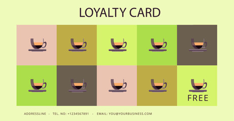 A loyalty card with colorful squares and a cup of coffee. Space for your text.