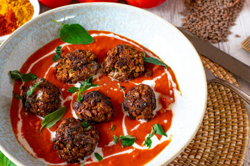 Vegetarian dish with spicy  tomato soup and vegan meatballs made with lentils, nuts and spices